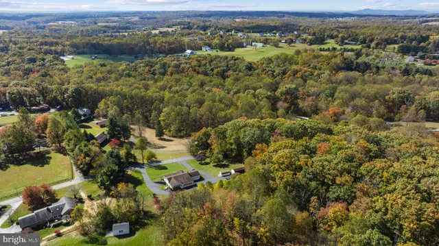 an aerial view of residential houses with outdoor space and trees