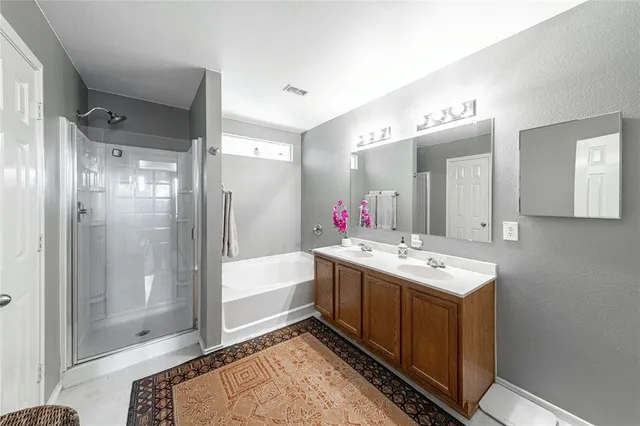 a bathroom with a tub sink shower and mirror