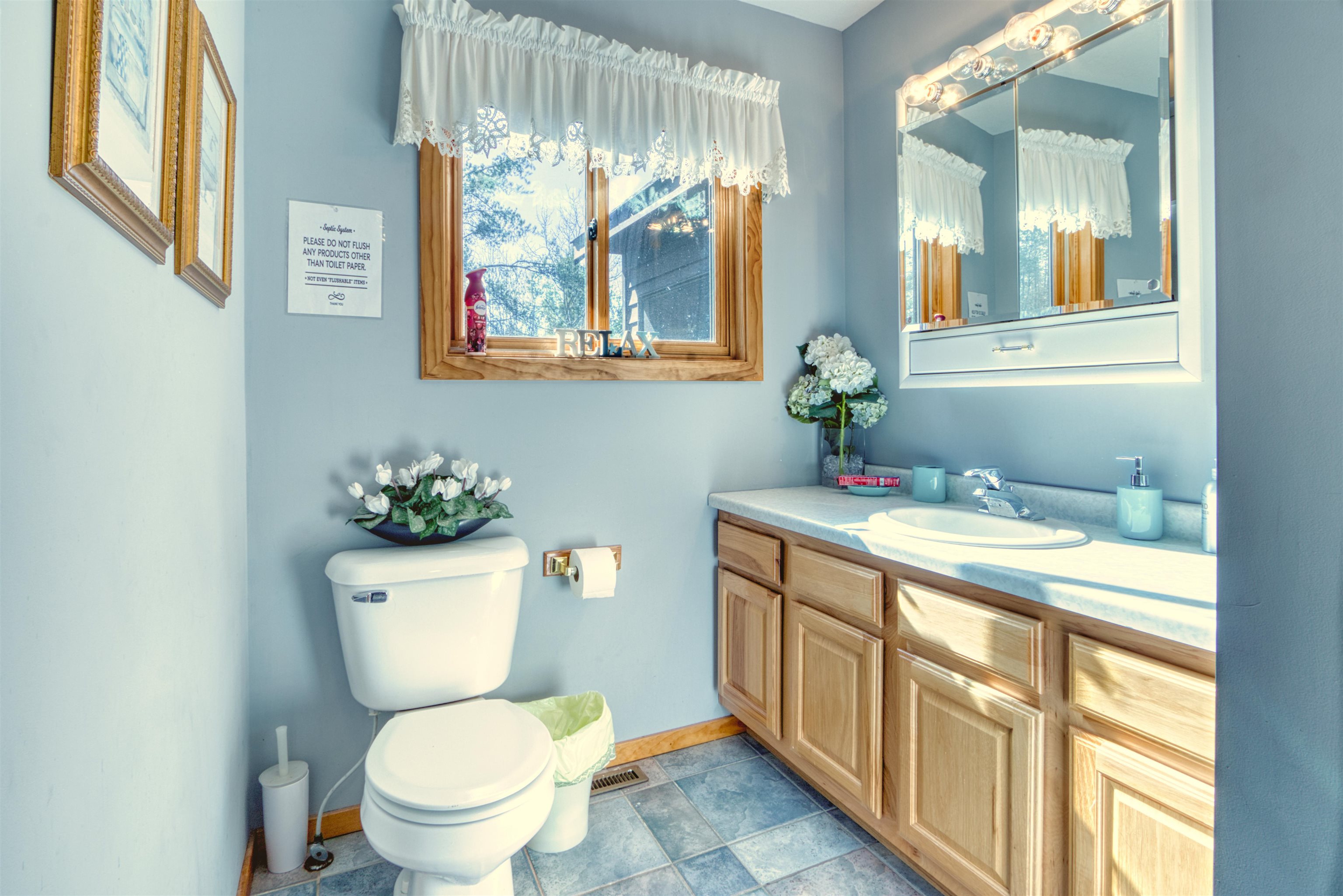14366 North One Mile Road Minong, WI 54859 - Photo 23 of 40 Bathroom with vanity, stone finish flooring, toilet, visible vents, and baseboards