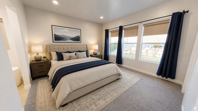 5502 North Valley View Road Lehi, UT 84048 - Photo 11 of 33 Carpeted bedroom featuring recessed lighting, a tufted headboard, three large windows with roller shades, and a partial view of an adjacent bathroom with light-colored flooring