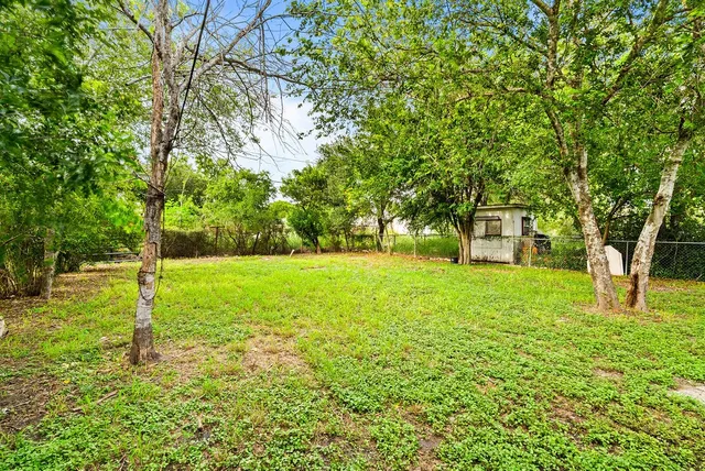 a view of a house with backyard and a tree