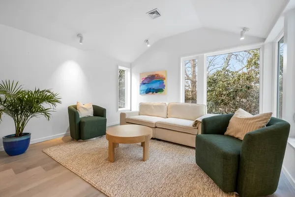a living room with furniture and a potted plant