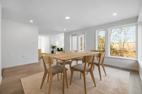 a view of a dining room with furniture and a large window
