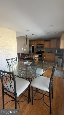 a view of a dining room with furniture