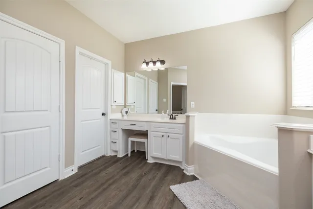 a bathroom with a bathtub a sink and a mirror