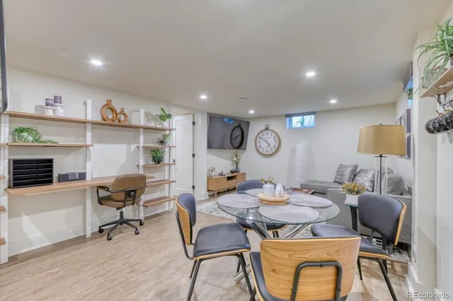 a view of a dining room with furniture