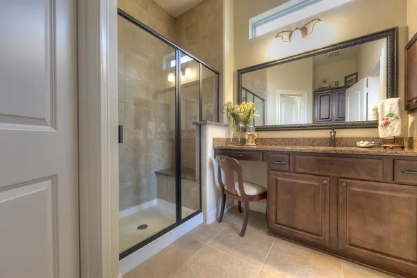 a bathroom with a sink a mirror and a shower