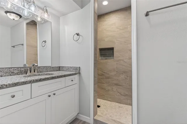 a bathroom with a granite countertop sink a mirror and shower