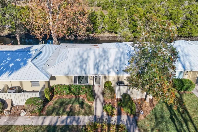 an aerial view of a house with a yard and large trees