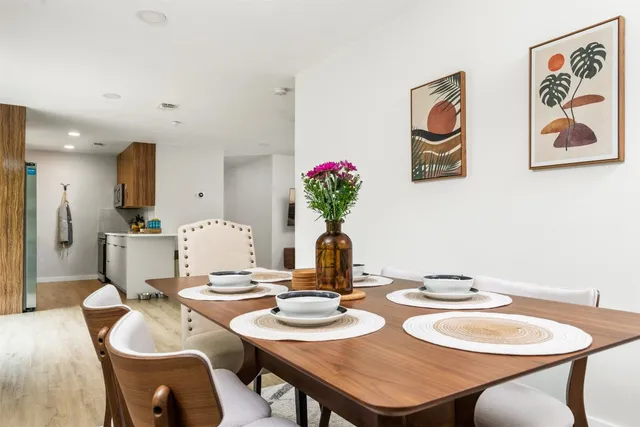 a view of a dining room with furniture
