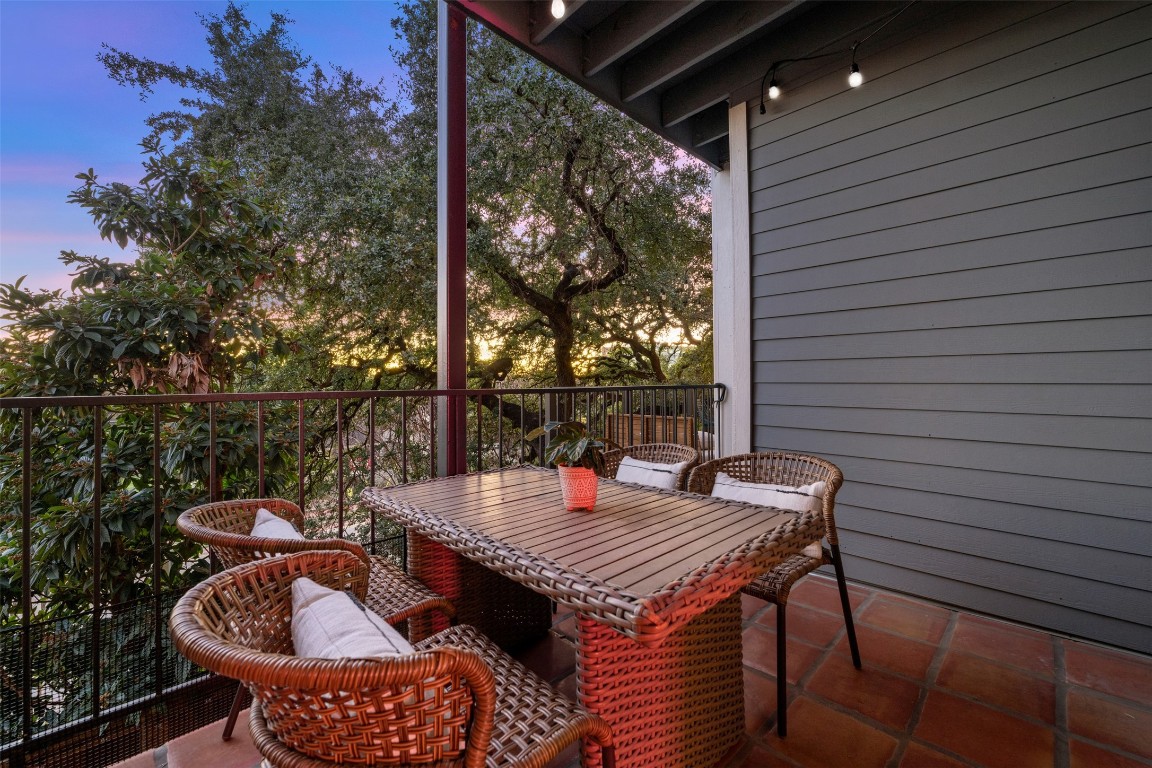 a outdoor dining space with furniture