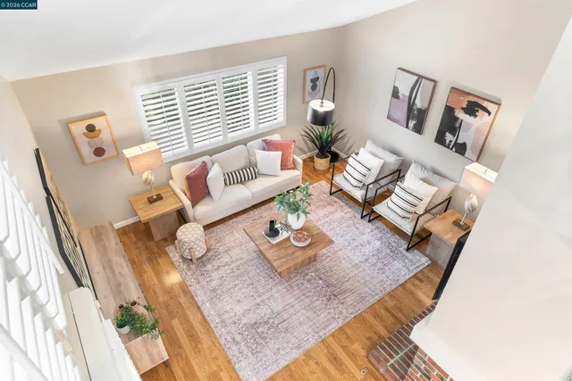 a view of a back yard with plants and large trees