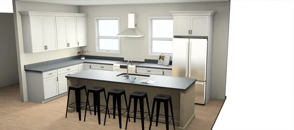 a kitchen with a sink a table and chairs