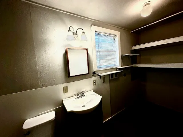 a bathroom with a sink vanity and a mirror