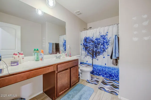 a bathroom with a sink mirror and a toilet