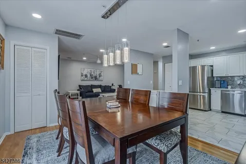 a view of a dining room with furniture