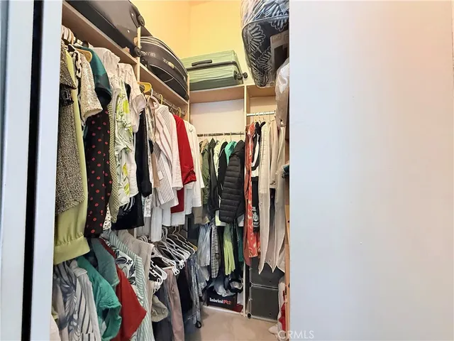 a view of walk in closet with clothes