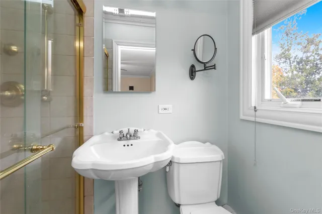 a bathroom with a sink and mirror with toilet