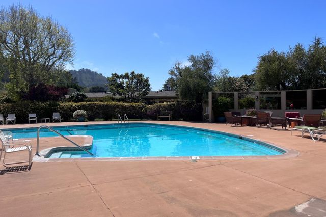 a view of swimming pool with seating space and trees in the background