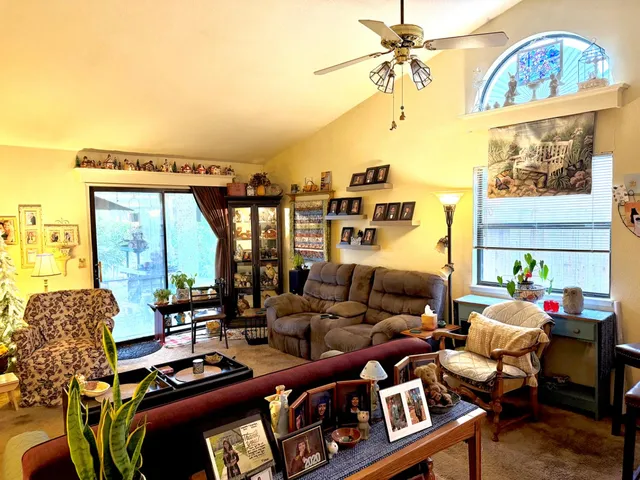 a living room with furniture a rug and a chandelier