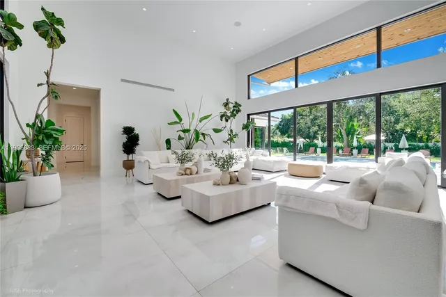 a living room with furniture potted plant and a large window