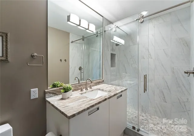 a bathroom with a granite countertop sink shower and a mirror