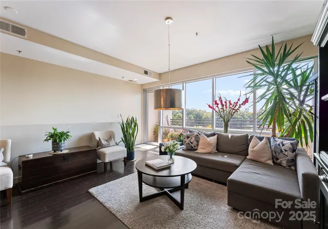 a living room with furniture and a potted plant