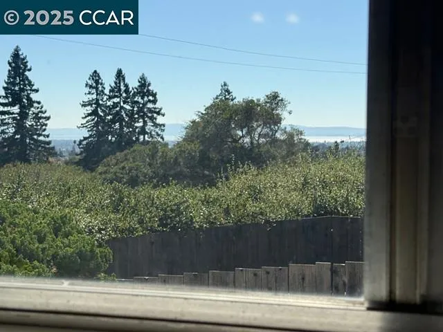 a view of a backyard with wooden fence