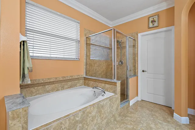 a bathroom with a bathtub and a shower