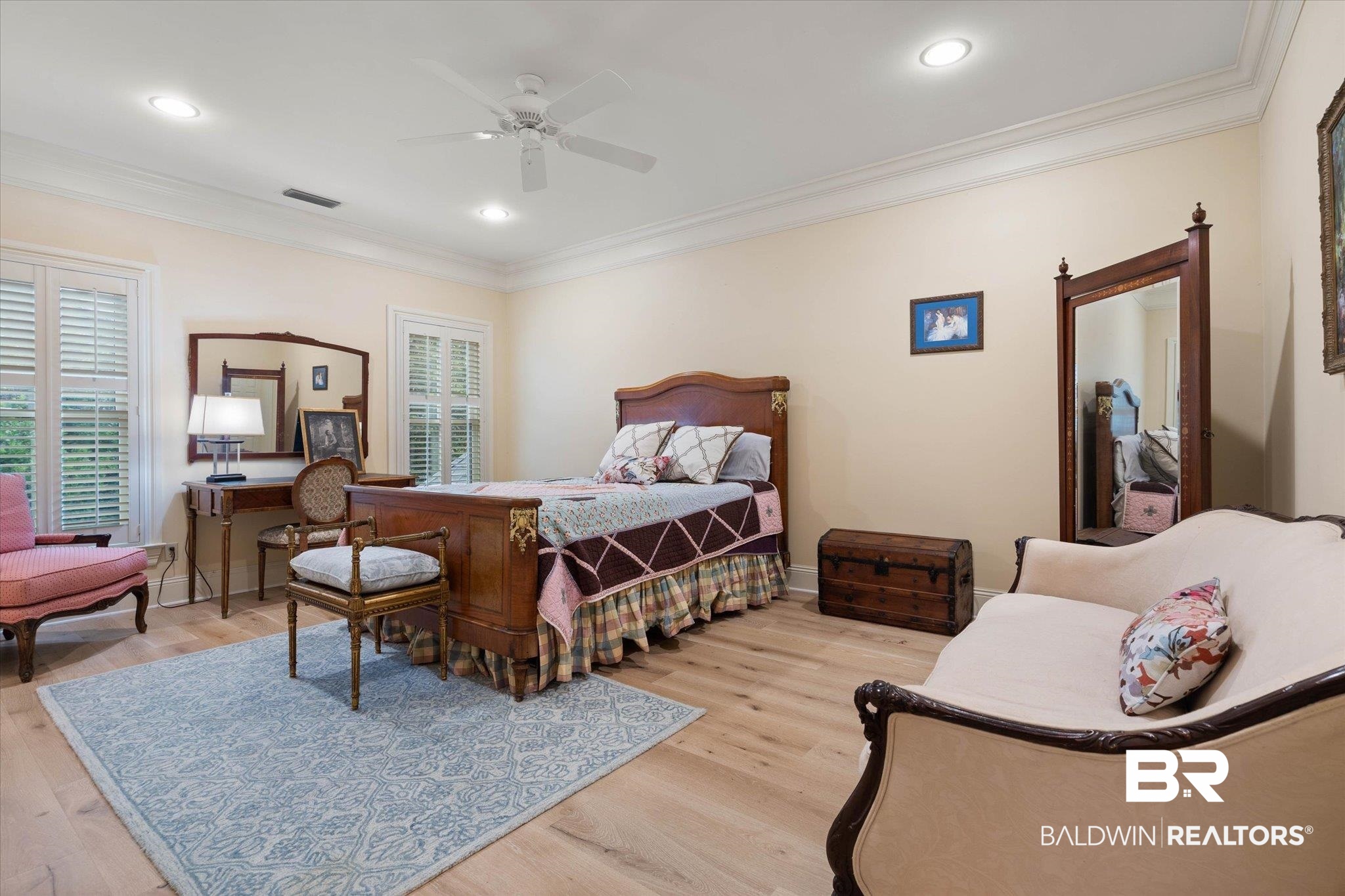 4008 McGregor Oaks Mobile, AL 36608 - Photo 29 of 50 Bedroom featuring light wood-style floors, ornamental molding, recessed lighting, and a ceiling fan