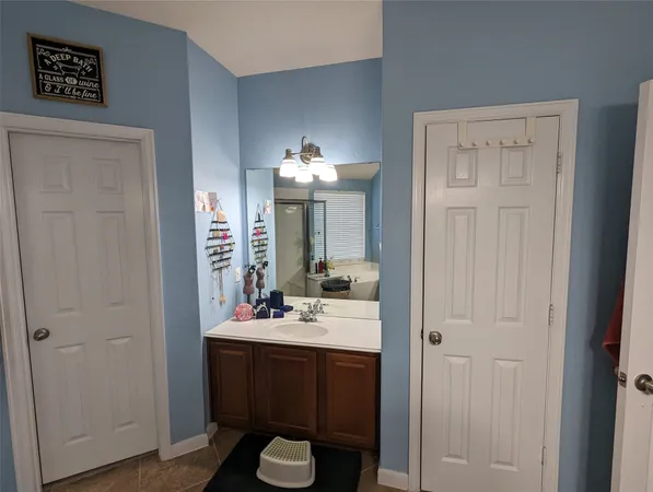 a bathroom with a sink and a mirror