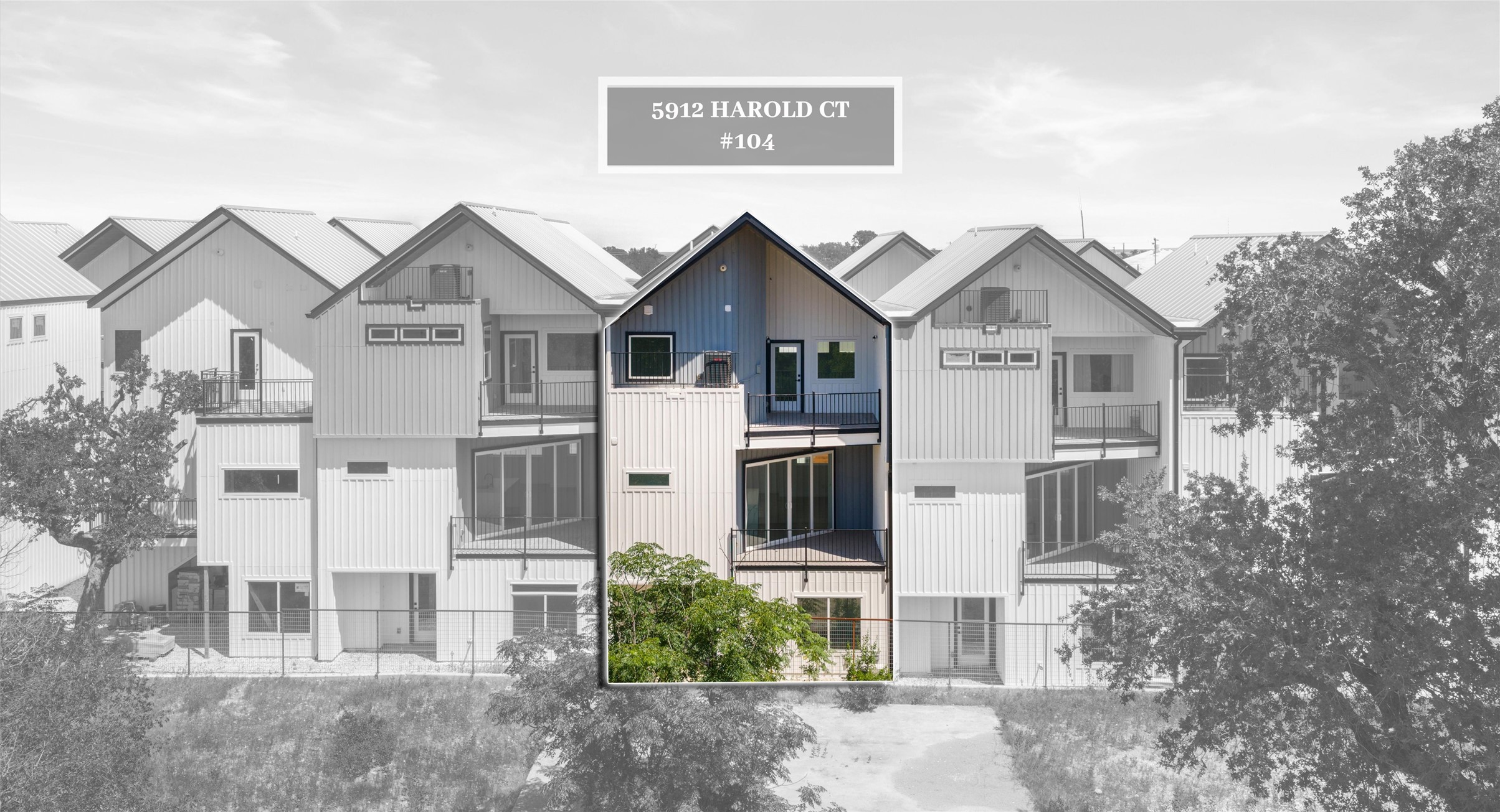 5912 Harold Court, Unit 106 Austin, TX 78721 - Photo 1 of 26 An architectural rendering of Harold Court Townhomes, previewing the clean, modern lines and easy, low-maintenance lifestyle that define the community. Model No. 104 Shown.