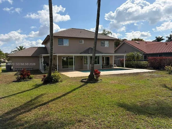 a view of a house with swimming pool and a yard