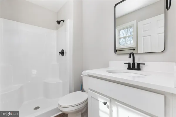 a bathroom with a sink toilet a mirror and shower