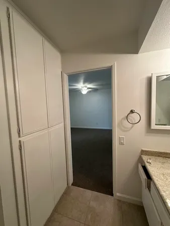 a bathroom with a granite countertop sink and shower