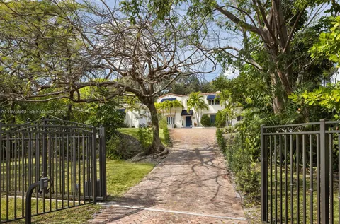 a view of a yard with plants and large trees