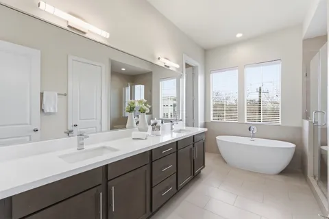 a spacious bathroom with a double vanity sink mirror and bathtub