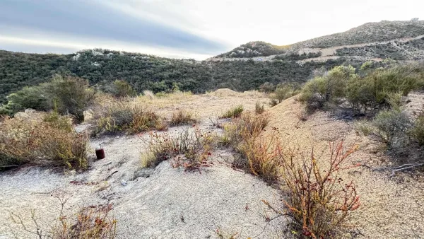 a view of a yard with a mountain