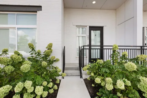 a view of a pathway with a flower pot