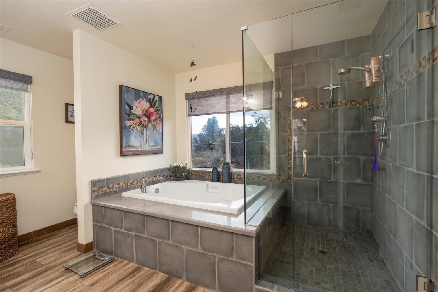 33655 River Knolls Road Coarsegold, CA 93614 - Photo 24 of 55 a bathroom with a tub a sink and glass door