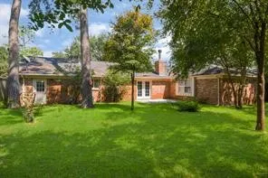 a view of a yard in front of a house with a large tree