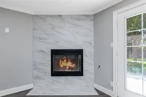 a room with a fireplace