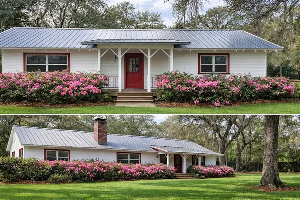 a front view of a house with garden