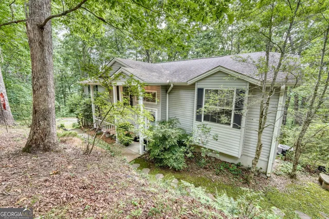 a view of a house with a yard and potted plants