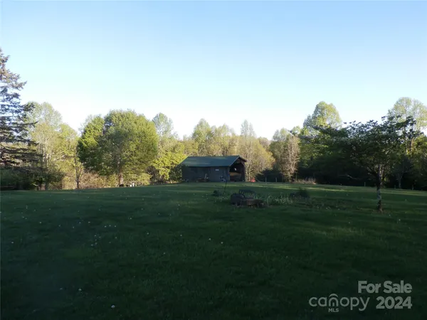 a view of a yard in front of a house with a large tree
