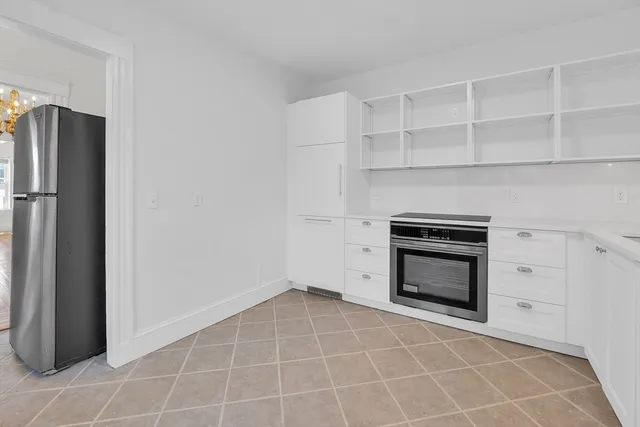 a room with a cabinets and stainless steel appliances