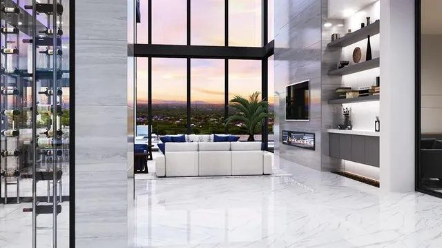 a living room with furniture fireplace and flat screen tv