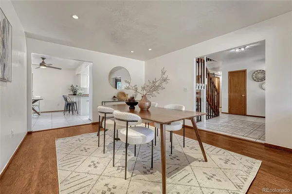 a view of a dining room with furniture