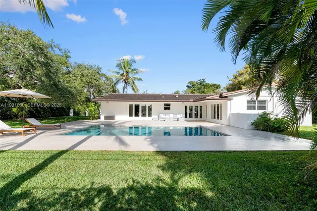 a view of a swimming pool with a yard