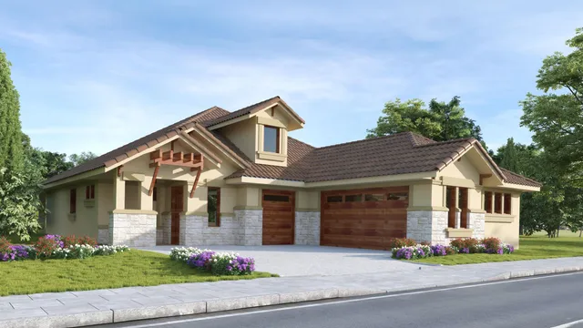 a front view of a house with a garden and plants